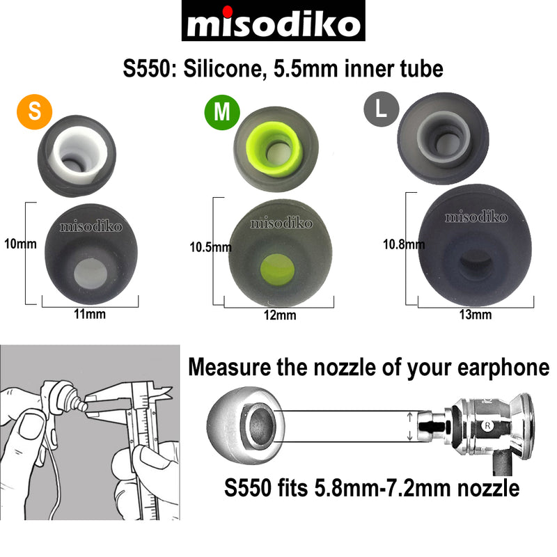 misodiko S550 Silicone Earbuds Tips - for Jaybird X4 X3 X2, BlueBuds X, Freedom/ 1MORE E1001 Triple Driver, E1010/ Photive PH-BTE50/ Plantronics Backbeat GO 3/ LG HBS-760/ QCY QY7, QY8/ Creative Outlier ONE- Replacement Earphones Eartips (3-Pairs)